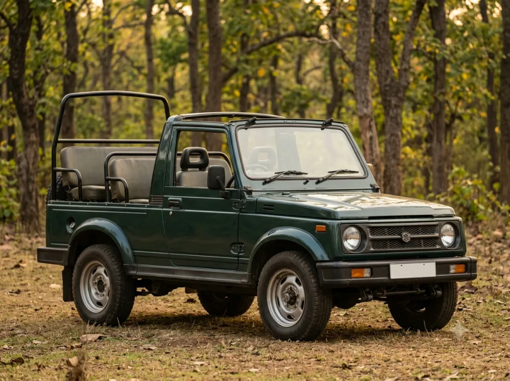 Open-top Maruti Gypsy 4x4 safari vehicle parked in the forest, the vehicle type used for Tadoba jungle safaris