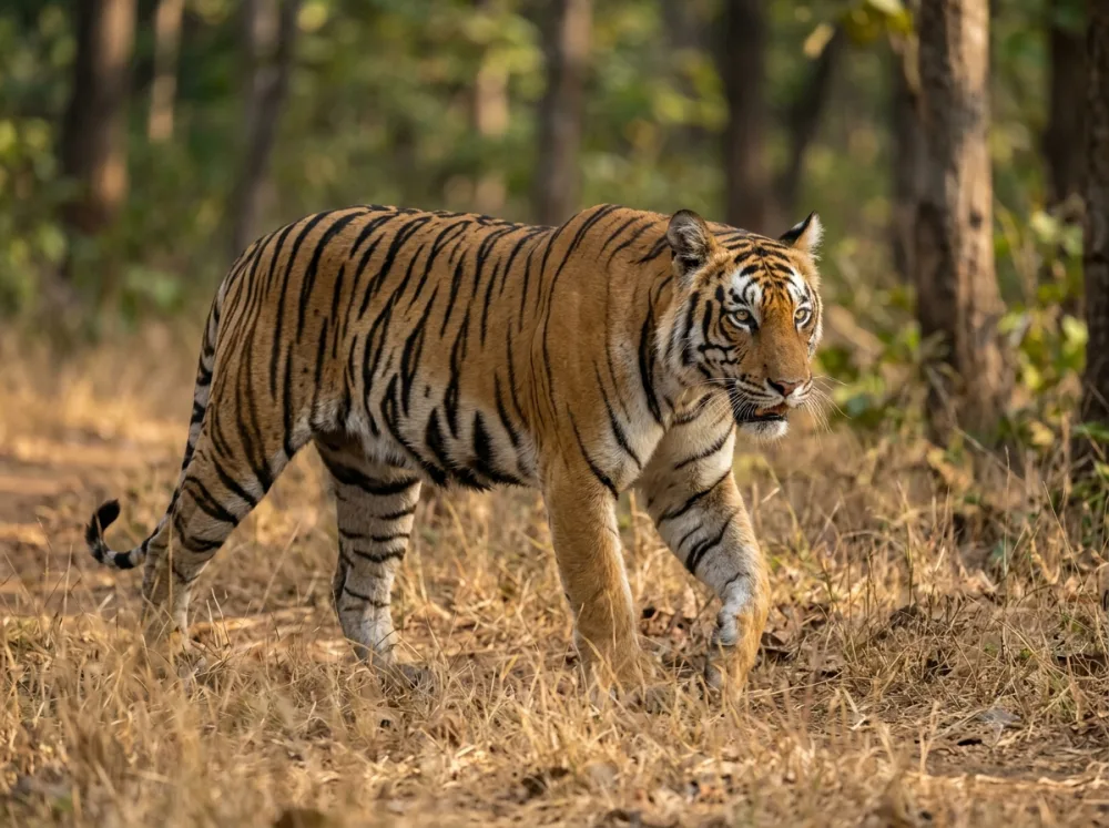 Bengal tiger walking through Tadoba's teak forest at golden hour